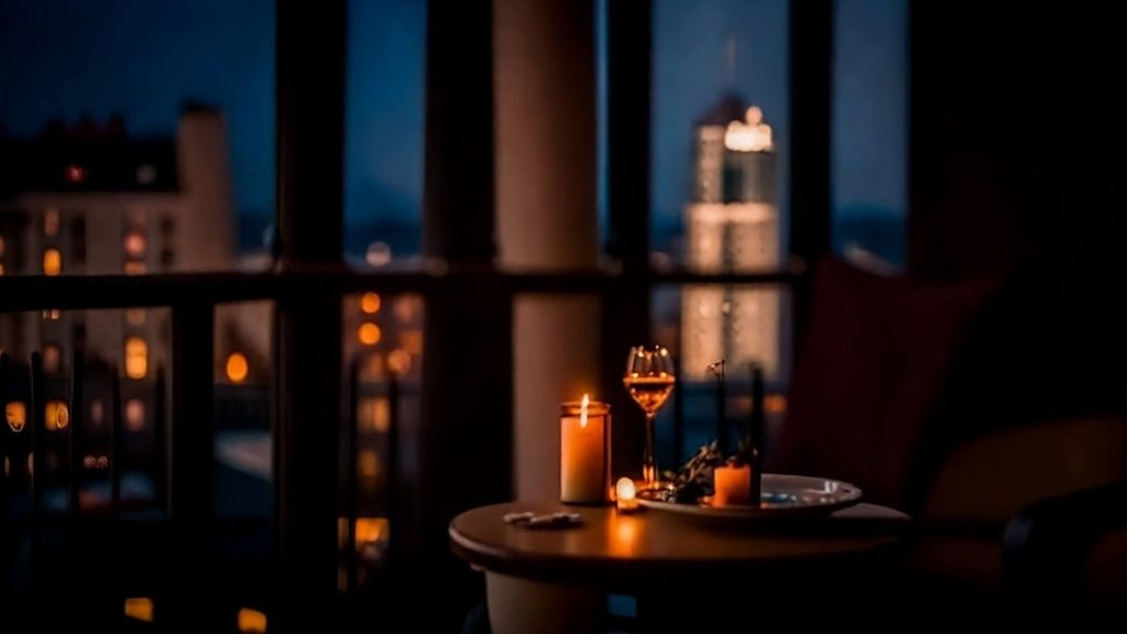 terrazza illuminata da luci soffuse o lanterne, creando un'atmosfera romantica
