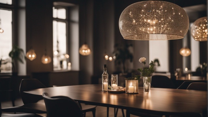 sala da pranzo con un lampadario moderno e di design al centro del tavolo. La luce soffusa illumina delicatamente l'ambiente, creando un'atmosfera intima e sofisticata.