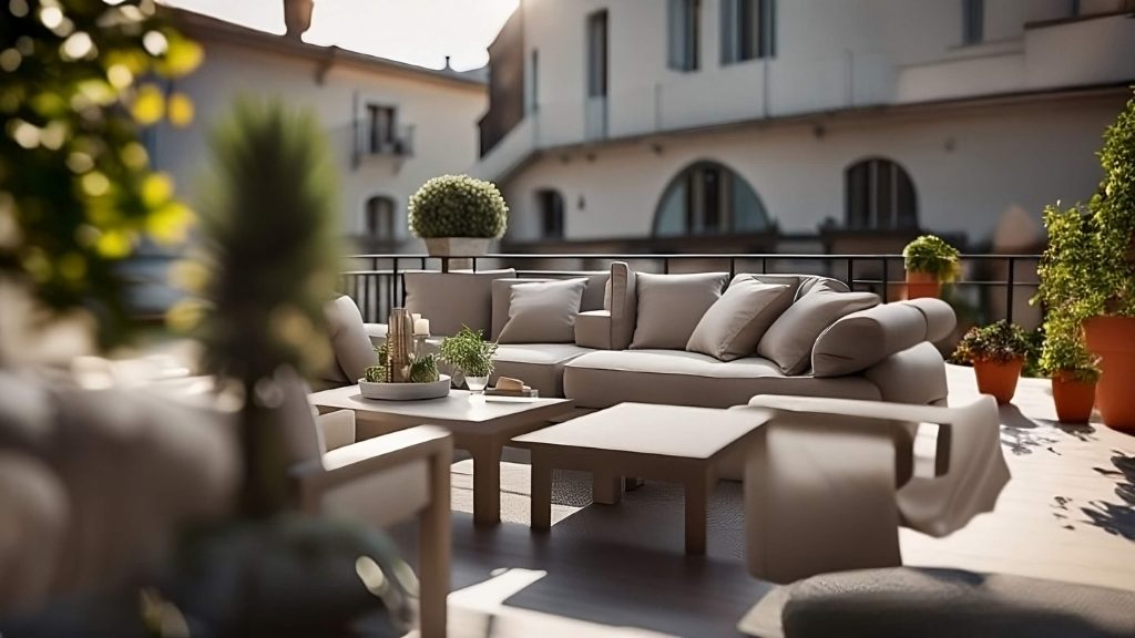 terrazza con divani, poltrone, tavoli e sedie eleganti e confortevoli