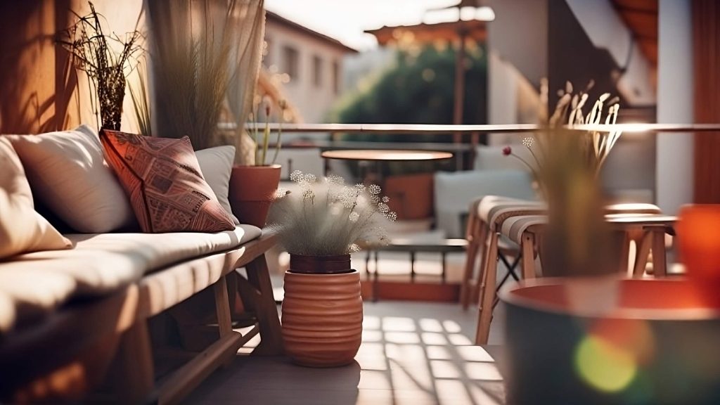 immagine di una terrazza arredata in stile boho-chic, minimalista o tropicale, per illustrare le diverse opzioni di stile