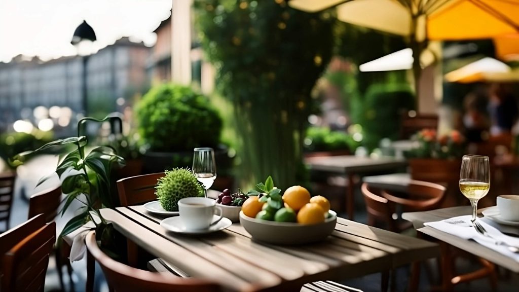terrazza ben organizzata, con un'area lounge, una zona pranzo e piante verdi, per mostrare come sfruttare al meglio lo spazio