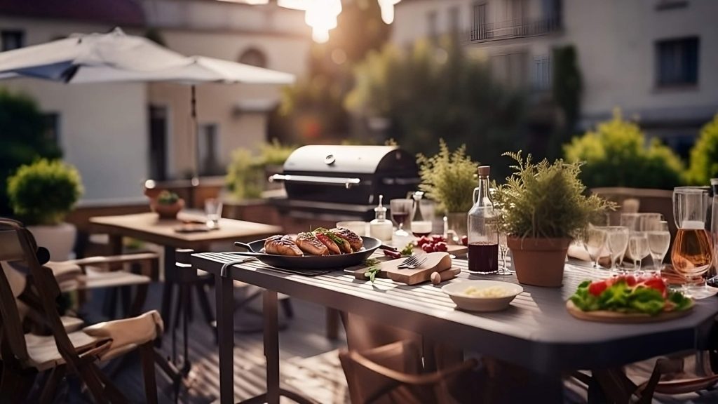 terrazza con una zona cucina ben attrezzata e un barbecue per cucinare e intrattenere gli ospiti