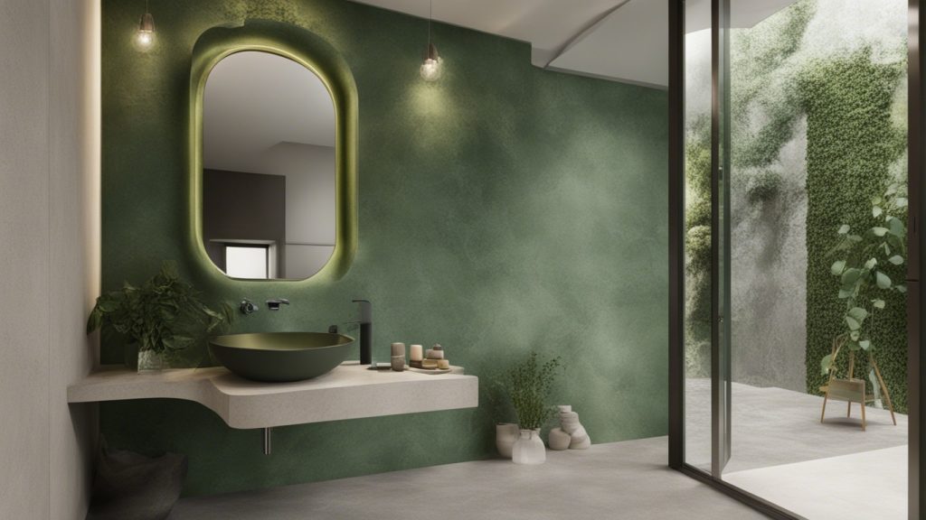 Bagno con parete di piante verdi e lavabo in pietra