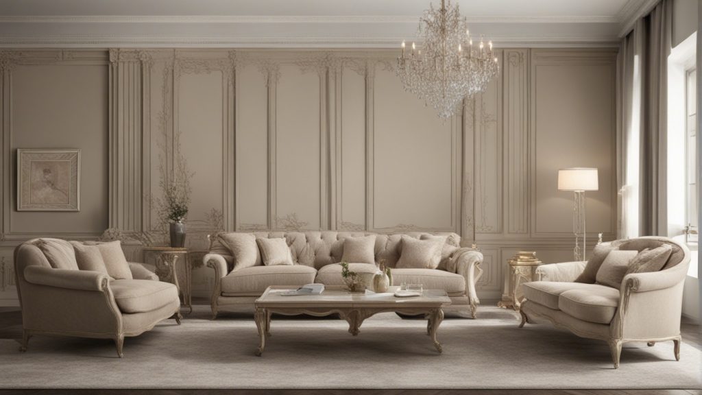Salotto in stile classico con divano in velluto beige e lampadario di cristallo