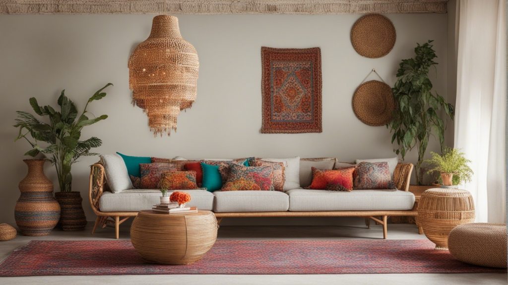 Salotto Boho Chic con divano colorato e tappeto persiano