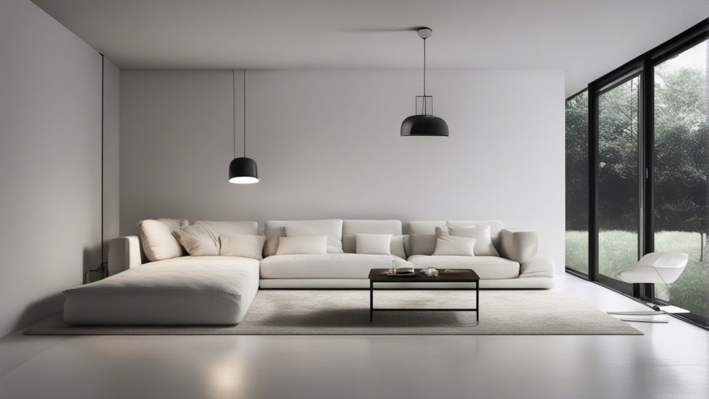 Soggiorno moderno con divano bianco e parete attrezzata in vetro